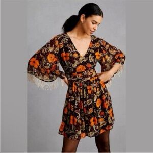 Floral Midi Dress with Fringe Sleeves